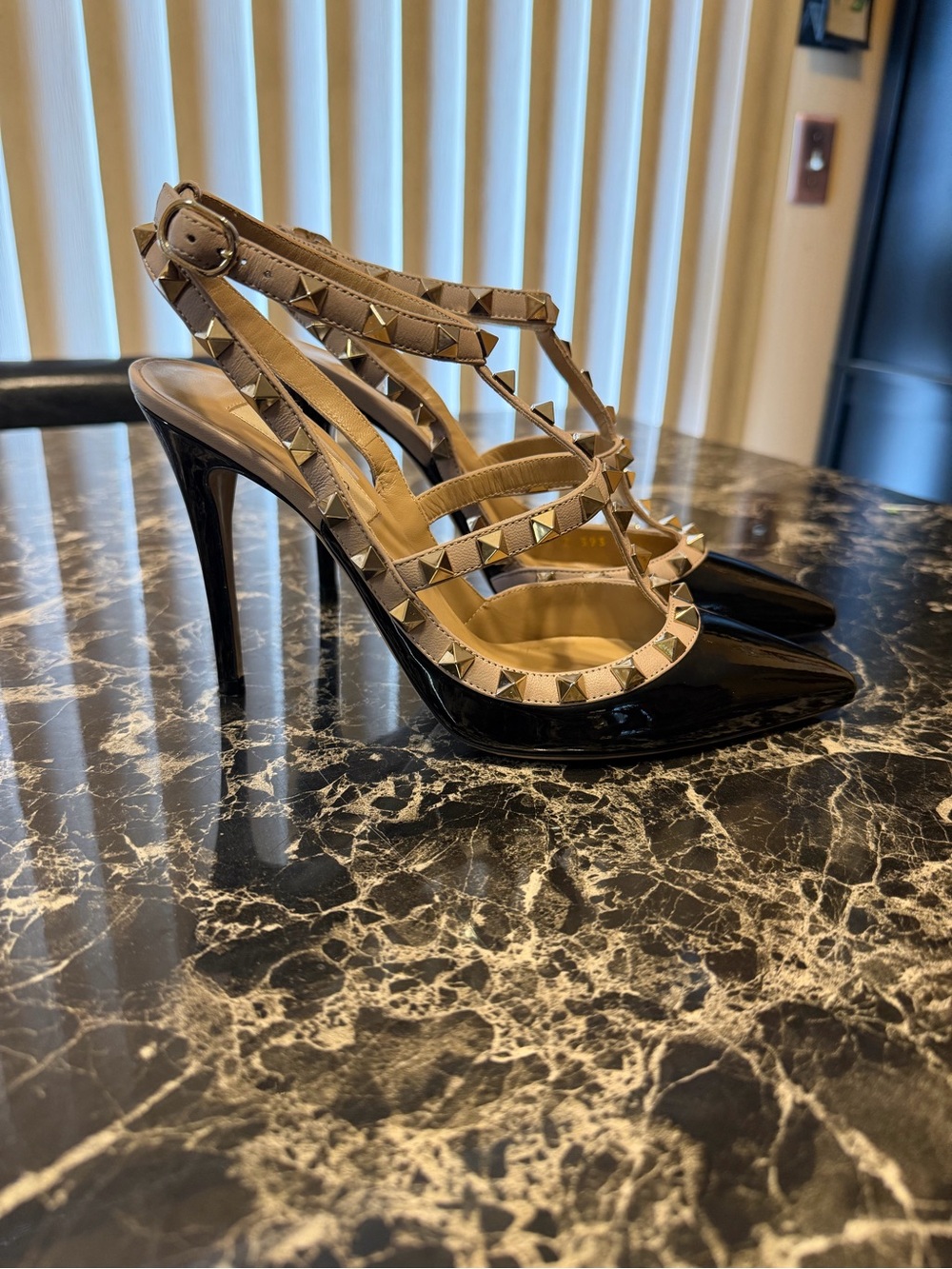 Valentino Black and Nude Rockstud Patent Leather T-Strap Pump